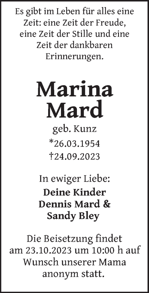 Traueranzeige von Marina Mard von Berliner Zeitung