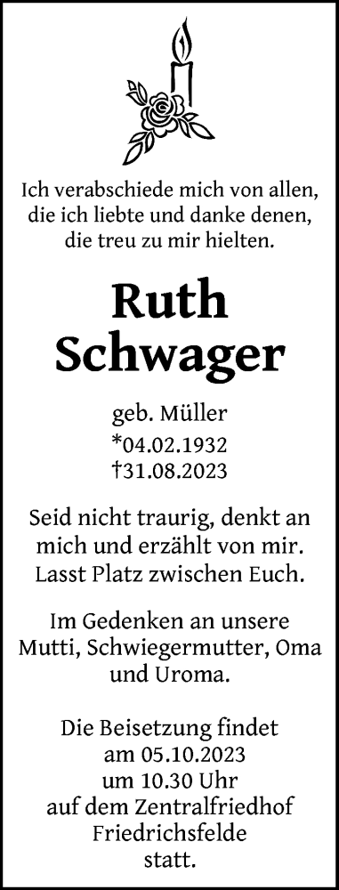  Traueranzeige für Ruth Schwager vom 18.09.2023 aus Berliner Zeitung