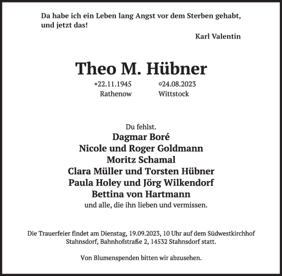 Traueranzeige von Theo M. Hübner von Berliner Zeitung