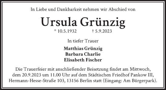 Traueranzeige von Ursula Grünzig von Berliner Zeitung