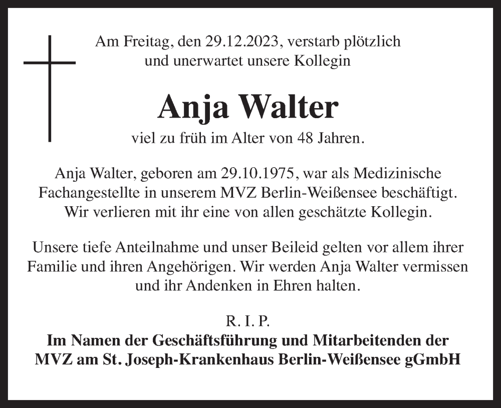  Traueranzeige für Anja Walter vom 20.01.2024 aus Berliner Zeitung