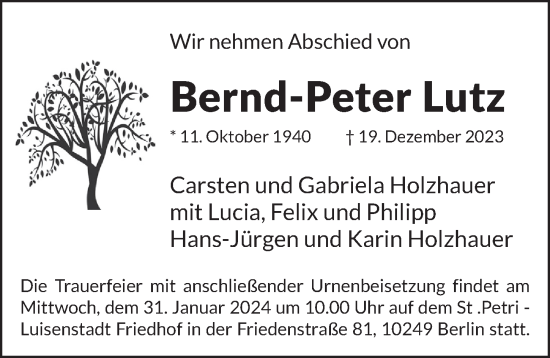 Traueranzeige von Bernd-Peter Lutz von Berliner Zeitung