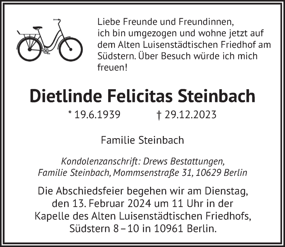  Traueranzeige für Dietlinde Felicitas Steinbach vom 13.01.2024 aus Berliner Zeitung