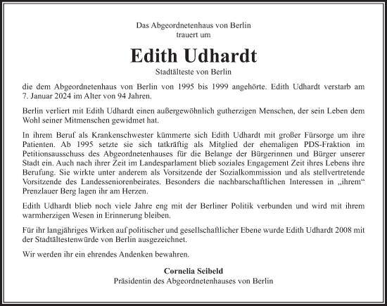 Traueranzeige von Edith Udhardt von Berliner Zeitung