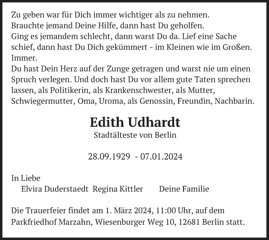 Traueranzeige von Edith Udhardt von Berliner Zeitung