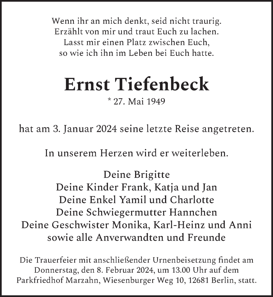  Traueranzeige für Ernst Tiefenbeck vom 20.01.2024 aus Berliner Zeitung
