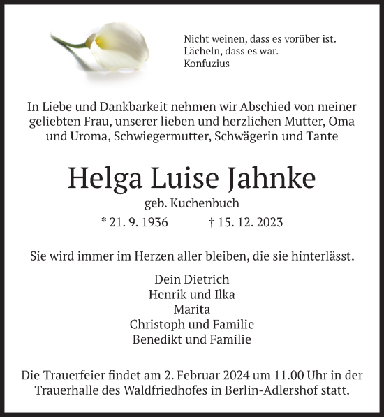 Traueranzeige von Helga Luise Jahnke von Berliner Zeitung