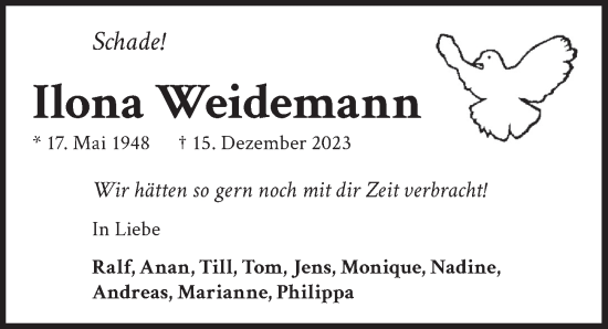 Traueranzeige von Ilona Weidemann von Berliner Zeitung