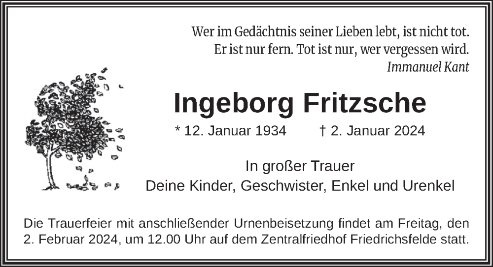  Traueranzeige für Ingeborg Fritzsche vom 13.01.2024 aus Berliner Zeitung