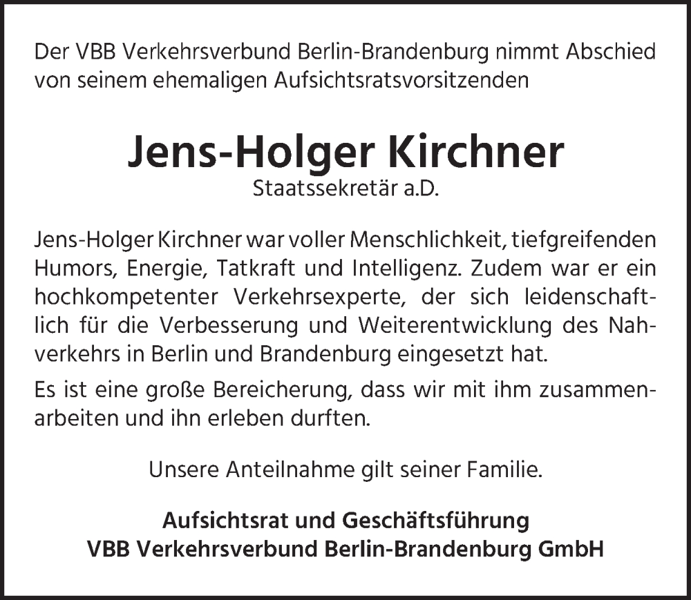  Traueranzeige für Jens-Holger Kirchner vom 27.01.2024 aus Berliner Zeitung