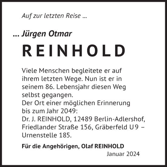 Traueranzeige von Jürgen Otmar Reinhold von Berliner Zeitung