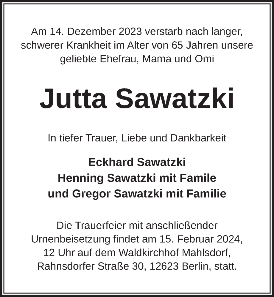  Traueranzeige für Jutta Sawatzki vom 20.01.2024 aus Berliner Zeitung