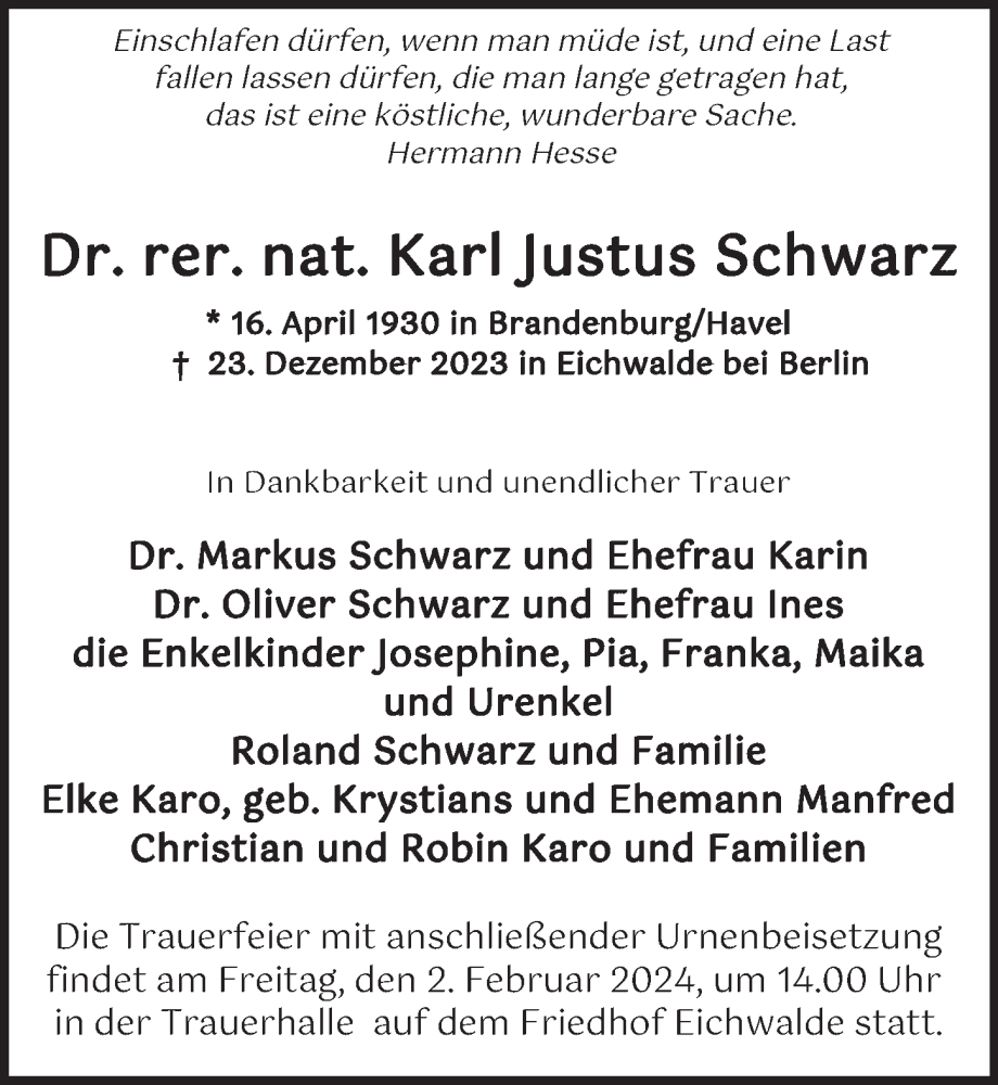  Traueranzeige für Karl Justus Schwarz vom 20.01.2024 aus Berliner Zeitung