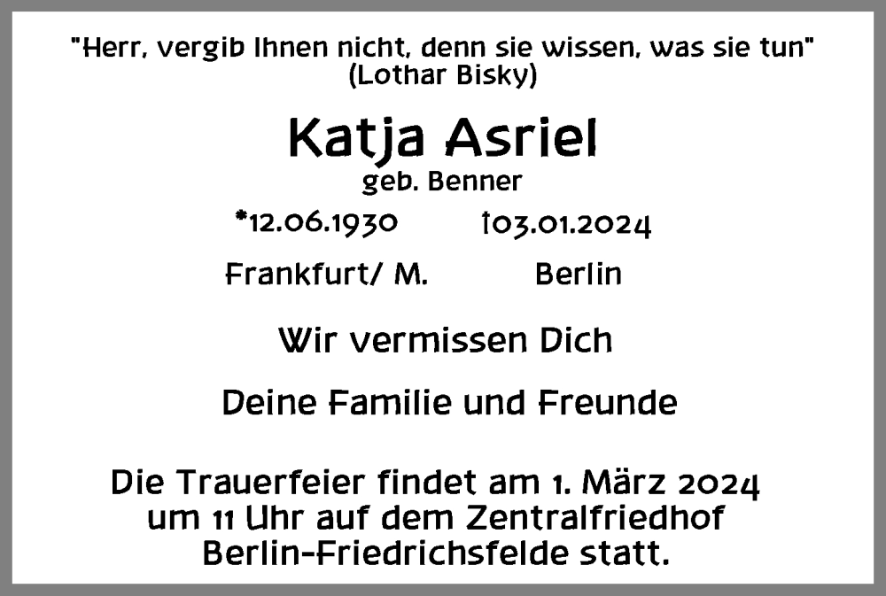  Traueranzeige für Katja Asriel vom 20.01.2024 aus Berliner Zeitung