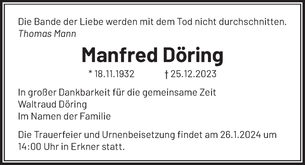  Traueranzeige für Manfred Döring vom 06.01.2024 aus Berliner Zeitung
