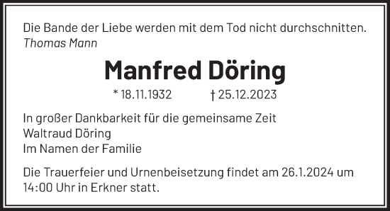 Traueranzeige von Manfred Döring von Berliner Zeitung