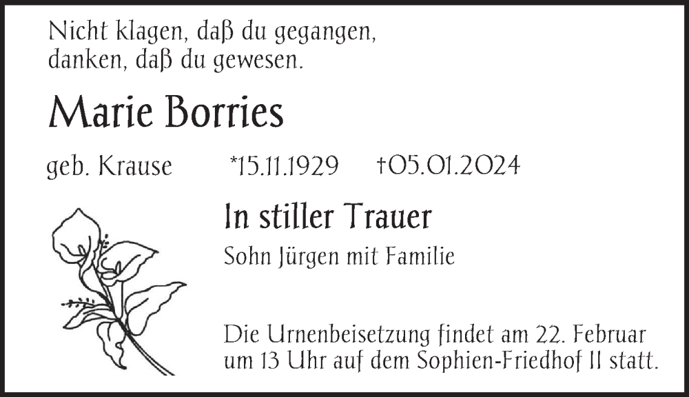  Traueranzeige für Marie Borries vom 20.01.2024 aus Berliner Zeitung