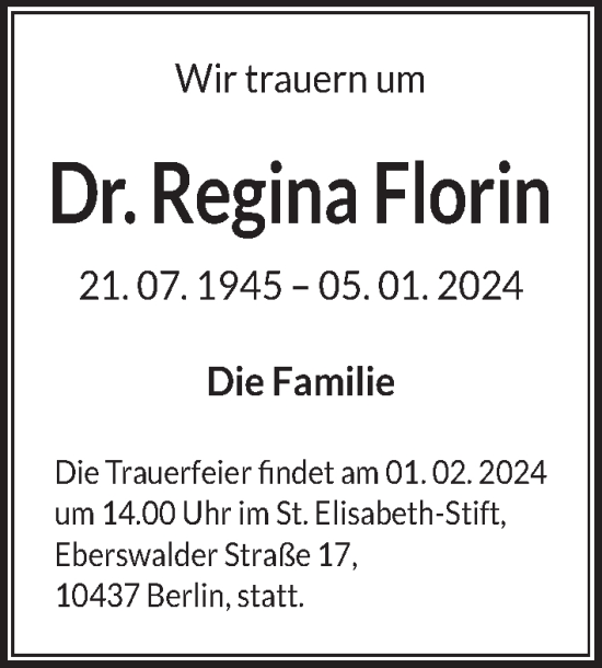 Traueranzeige von Regina Florin von Berliner Zeitung