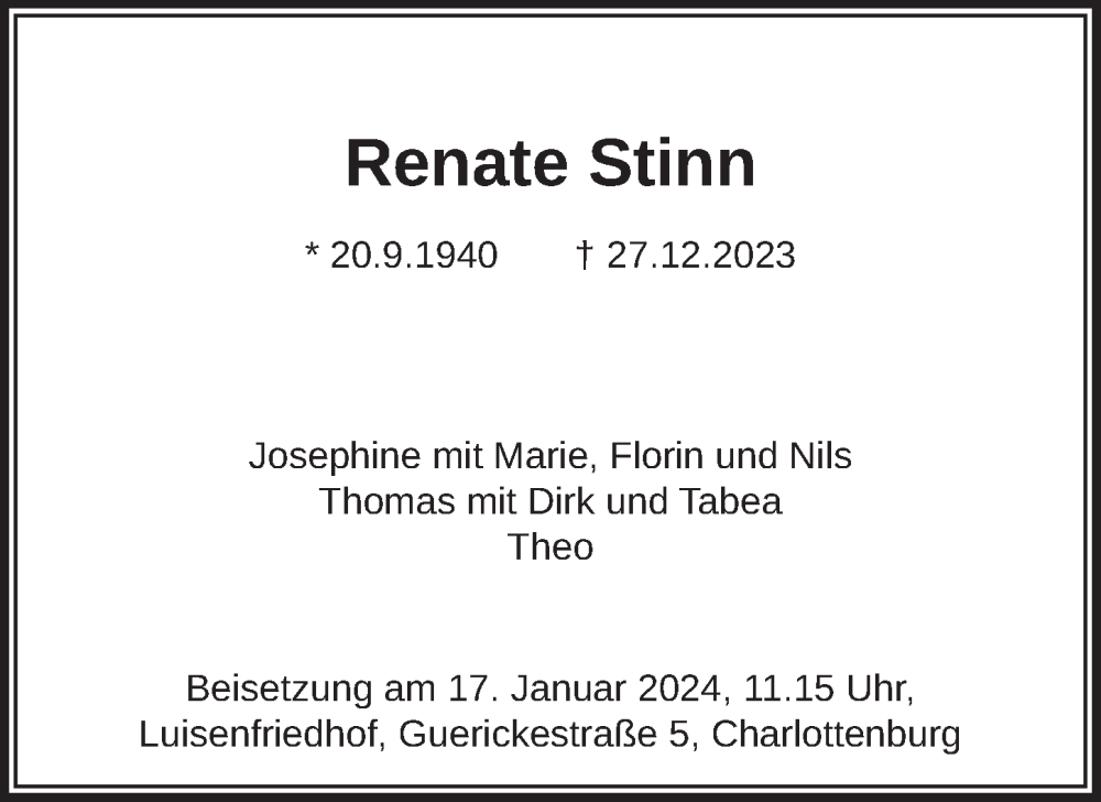  Traueranzeige für Renate Stinn vom 06.01.2024 aus Berliner Zeitung