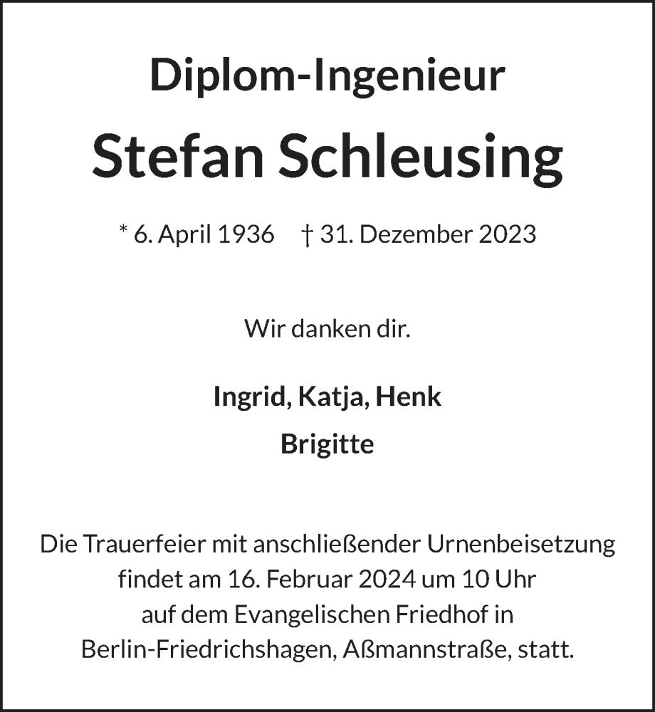  Traueranzeige für Stefan Schleusing vom 19.01.2024 aus Berliner Zeitung