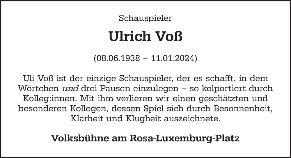  Traueranzeige für Ulrich Voß vom 27.01.2024 aus Berliner Zeitung