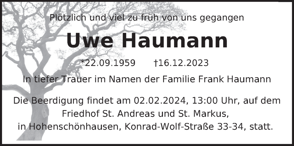  Traueranzeige für Uwe Haumann vom 23.01.2024 aus Berliner Zeitung