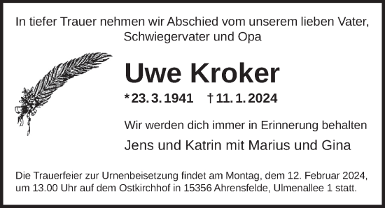 Traueranzeige von Uwe Kroker von Berliner Zeitung
