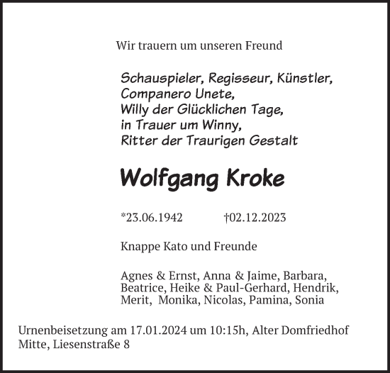 Traueranzeige von Wolfgang Kroke von Berliner Zeitung