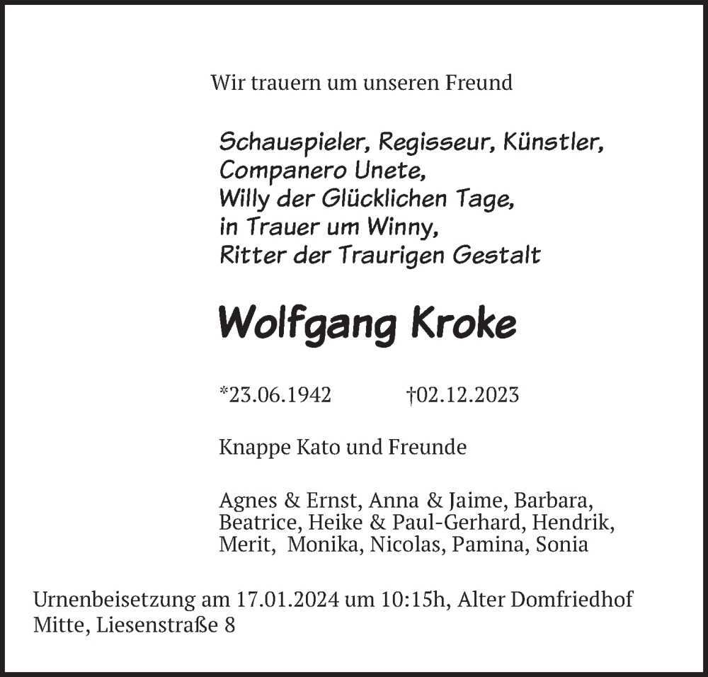  Traueranzeige für Wolfgang Kroke vom 06.01.2024 aus Berliner Zeitung