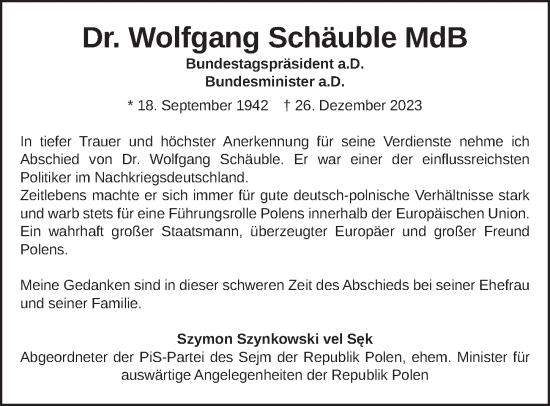 Traueranzeige von Wolfgang Schäuble von Berliner Zeitung