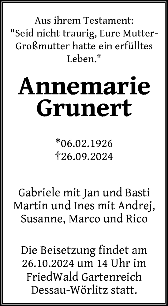 Traueranzeige von Annemarie Grunert von Berliner Zeitung