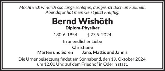 Traueranzeige von Bernd Wishöth von Berliner Zeitung