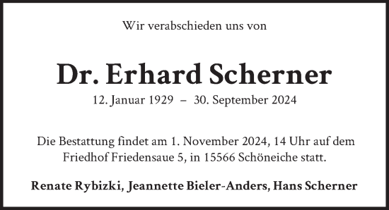 Traueranzeige von Erhard Scherner von Berliner Zeitung