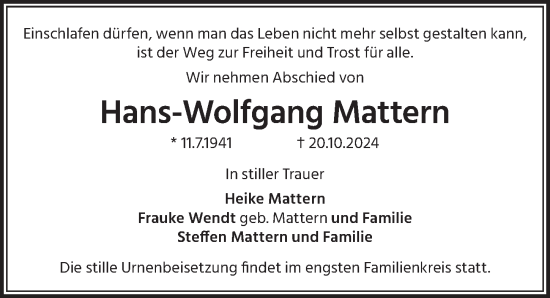 Traueranzeige von Hans-Wolfgang Mattern von Berliner Zeitung