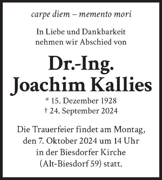 Traueranzeige von Joachim Kallies von Berliner Zeitung