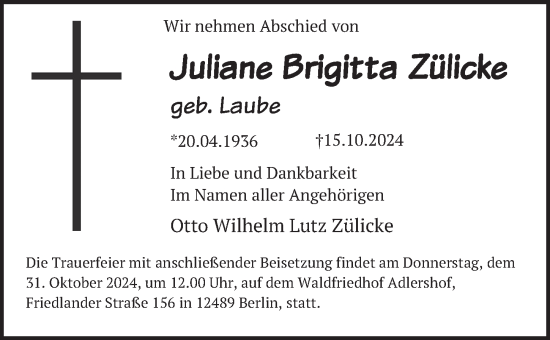 Traueranzeige von Juliane Brigitta Zülicke von Berliner Zeitung