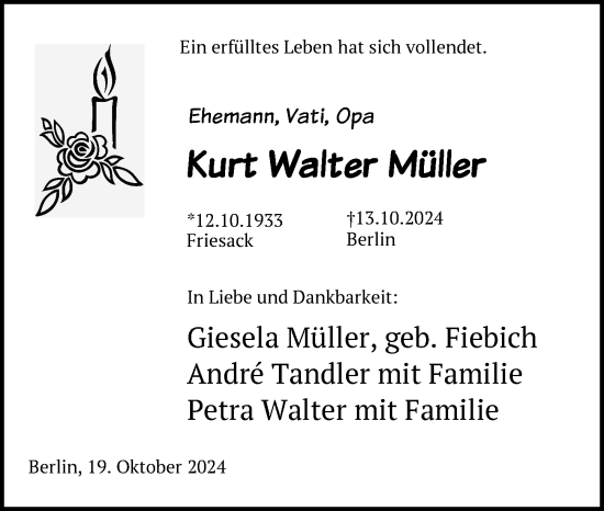 Traueranzeige von Kurt Walter Müller von Berliner Zeitung