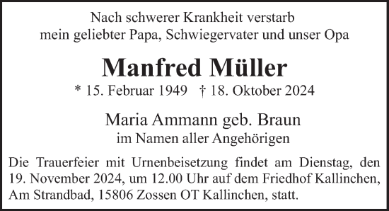 Traueranzeige von Manfred Müller von Berliner Zeitung