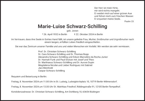 Traueranzeige von Marie-Luise Schwarz-Schilling von Berliner Zeitung