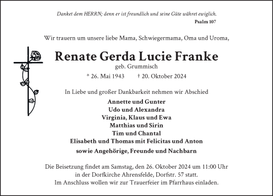 Traueranzeige von Renate Gerda Lucie Franke von Berliner Zeitung