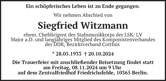 Traueranzeige von Siegfried Witzmann von Berliner Zeitung