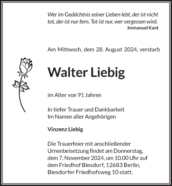 Traueranzeige von Walter Liebig von Berliner Zeitung