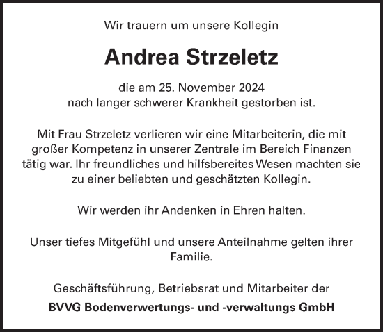 Traueranzeige von Andrea Strzeletz von Berliner Zeitung