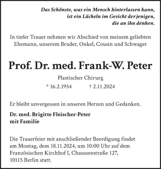 Traueranzeige von Frank-W. Peter von Berliner Zeitung