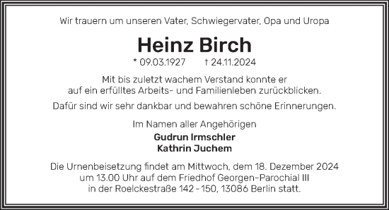 Traueranzeige von Heinz Birch von Berliner Zeitung