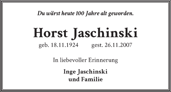 Traueranzeige von Horst Jaschinski von Berliner Zeitung