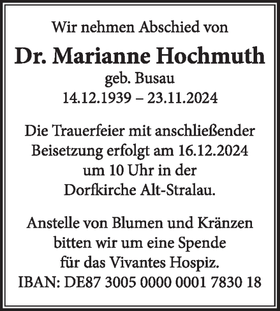 Traueranzeige von Marianne Hochmuth von Berliner Zeitung