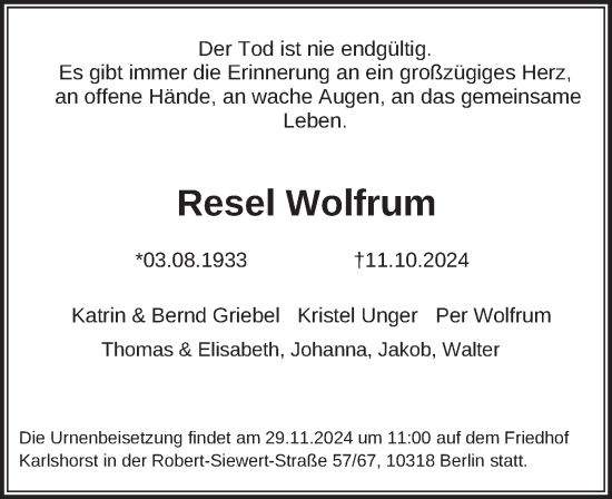 Traueranzeige von Resel Wolfrum von Berliner Zeitung