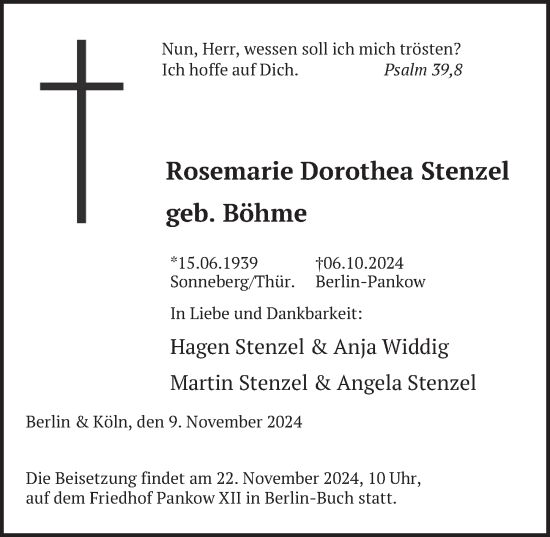 Traueranzeige von Rosemarie Dorothea Stenzel von Berliner Zeitung