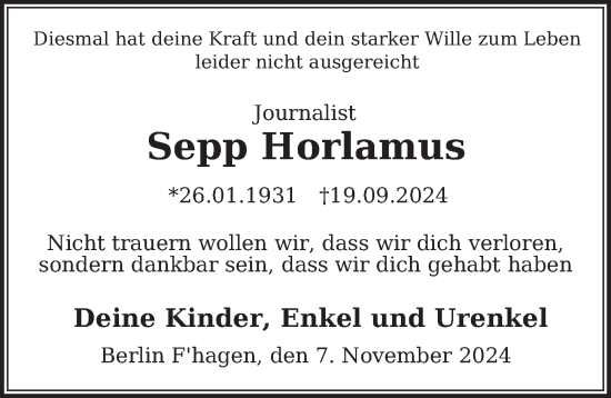 Traueranzeige von Sepp Horlamus von Berliner Zeitung